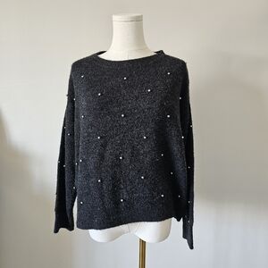 H&m M Elegant Black Sweater with Faux Pearl Accents